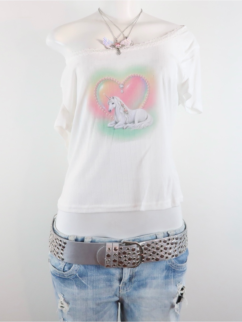 y2k white unicorn graphic lace trim off shoulder long sleeve top fairycore
